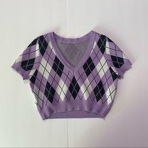 Purple with Black & White Diamond Pattern Crop-top Size: S
